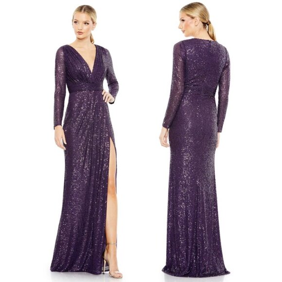 MAC DUGGAL Sequin Long Sleeve Faux Wrap Gown in Purple Size US 2 - Picture 1 of 11